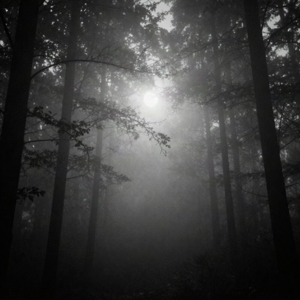Light through fog in a Nordic forest